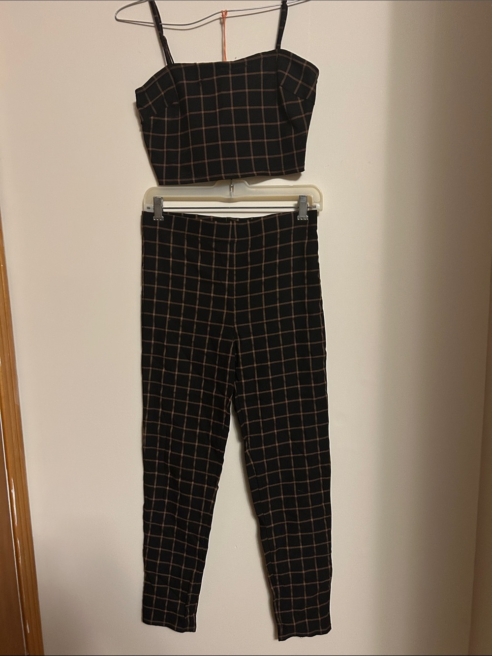 Forever 21 Black Plaid High-Waist Skinny Pants with Matching Cropped Tank